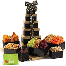 Nut Cravings - Gift Basket, 12-Piece Nut, Dried Fruit Tower, Black & Gold Ribbon