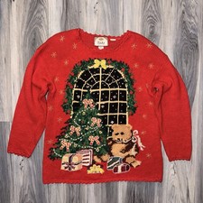 Vintage Tiara International Christmas Sweater Holiday Tree Teddy Bear Red XL