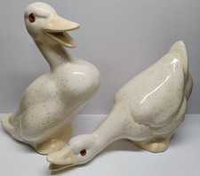 Vintage Ceramic Duck Figurines White Brown Speckles Cottage Farmhouse Decor