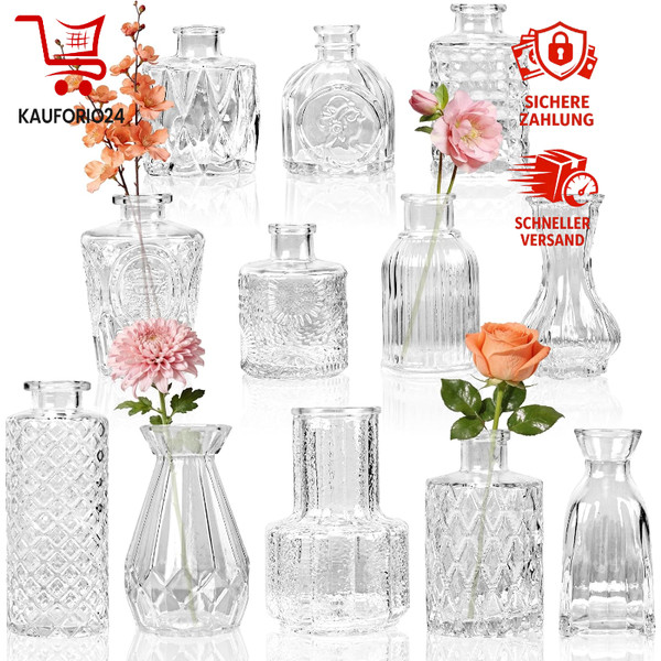 Blumenvase Set 12 StüCk Kleine Vasen Tischdeko ÄTzmuster Hochzeitsdeko Party-image