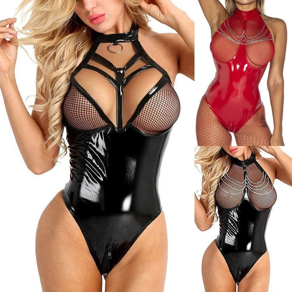Sexy Womens PVC Leather WET LOOK Crotchless Bodysuit SM Cosplay Lingerie Outfit - Image 3 of 4