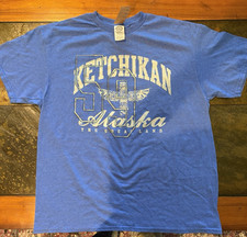 Men's Graphic T-Shirt Ketchikan Alaska with totem pole illustration. Blue/Large