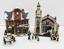 Enchanted Forest 5 Pc Porcelain Lighted Set School and Church w/ Figurines Works