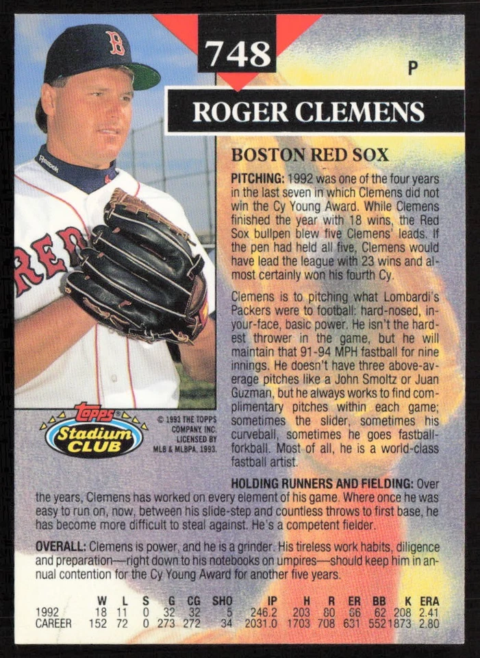 1993 Stadium Club Members Only Roger Clemens #748 Boston Red Sox - Image 2 of 2