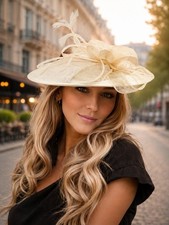 Vintage 80s Ivory Sinamay Fascinator Hat Feather Kentucky Derby Wedding