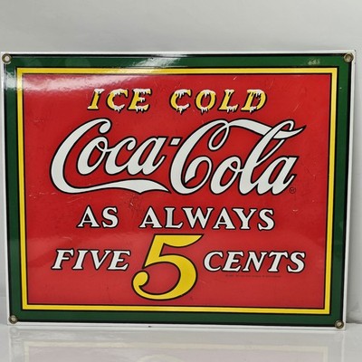 1990 Coca-Cola Ice Cold 5 Cents Porcelain Sign Vintage Style Soda Advertising