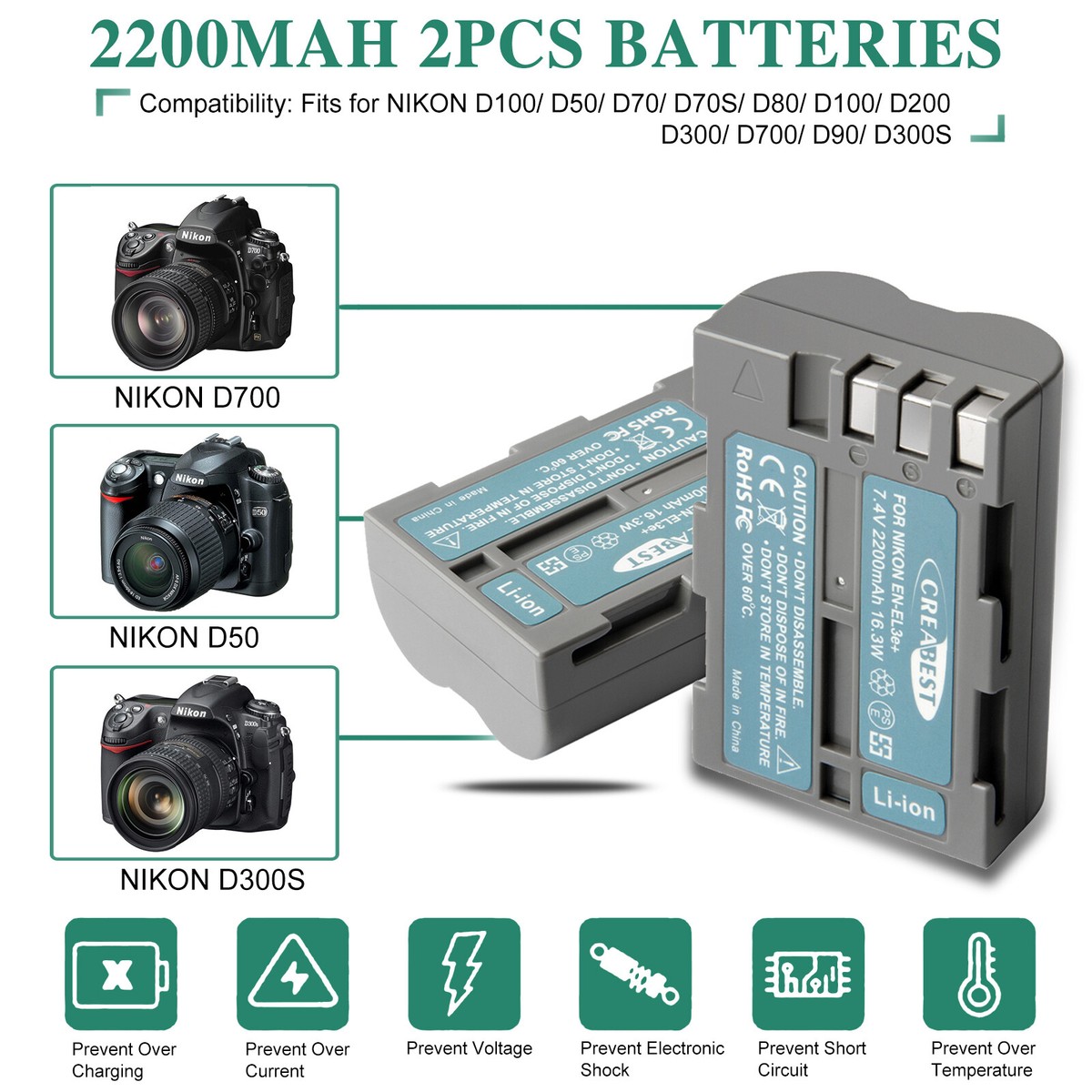 2 Batterie EN-EL3E Compatibili Per Nikon | D30, D50, D70, D80, D90, D200, D300, D700 - Foto 8