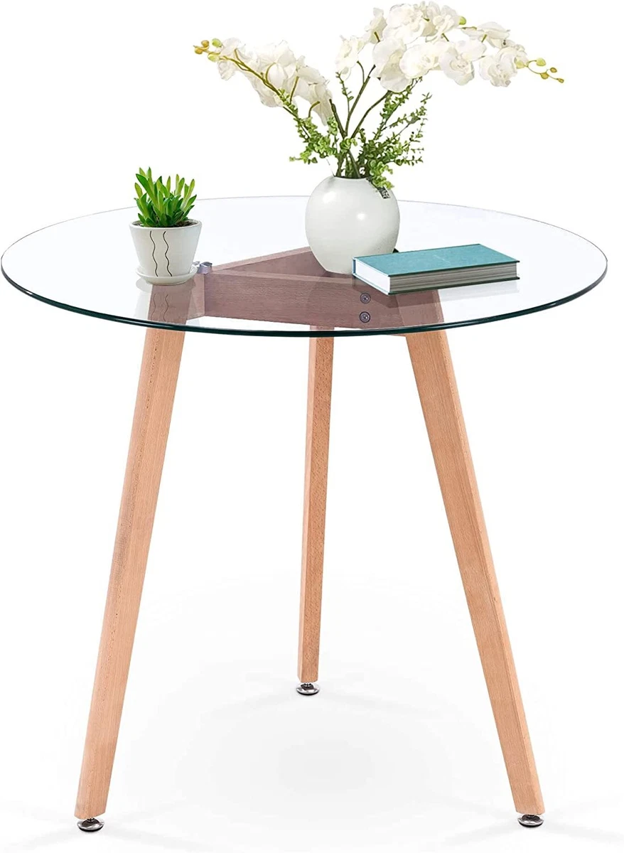 Round glass dining table 2024 with wooden legs