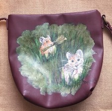 Hand Painted Art On Small Maroon Purse Field Mice Woodland Critters Signed Read
