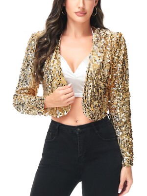 Shiny Sequin Long Sleeve Glitter Cropped Blazer Bolero Shrug
