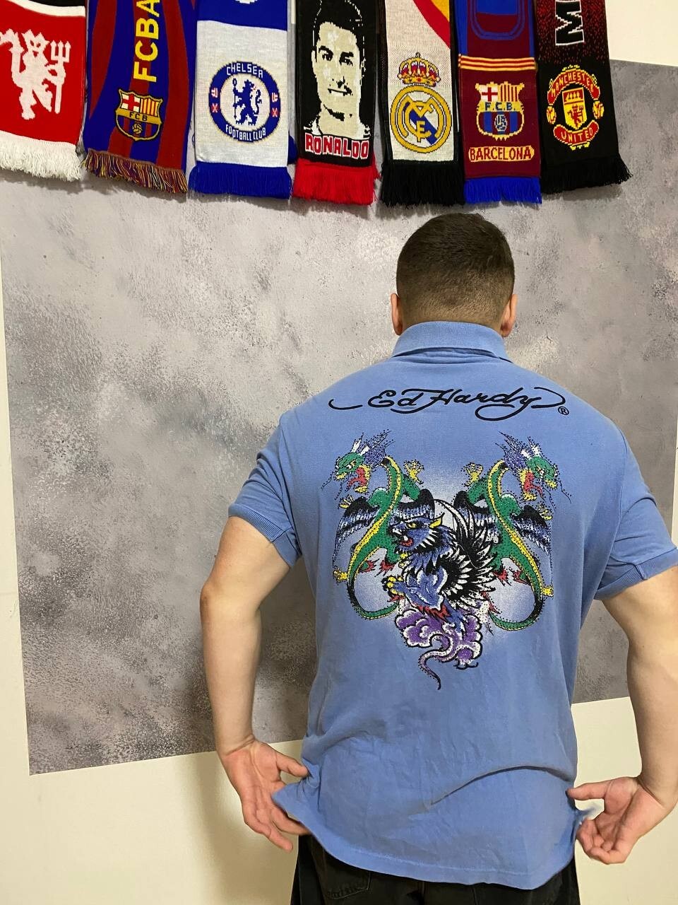 Vintage Y2K Ed Hardy Christian Audigier Blue Logo Polo Shirt XXL