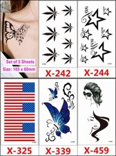 Set of 5 pc Pot Weed Marijuana Star American Flag Butterfly Body Arm Tattoo