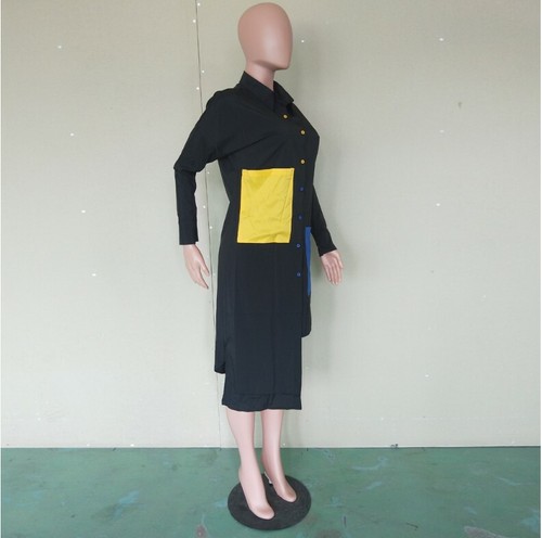 D-Women-Pockets-Spliced-Irregular-Shirt-Button-UP-Long-Sleeve-Loose-Midi-Dress