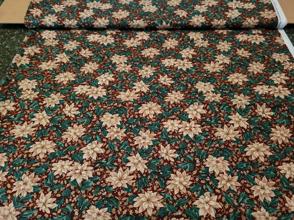 Treasured Traditions BTY QT Beige Poinsettia Tan Gold Green Leaves Wine - Image 3 of 3