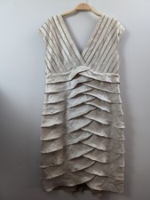 NWT Adrianna Papell Champagne Satin Tiered Shudder Pleat Ruffle Dress Size 14