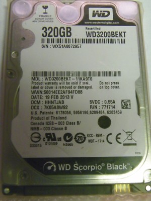 Western Digital WD3200BEKT-11KA9T0 HHNTJAB Laptop 320GB 2.5'' SATA Hard Drive 