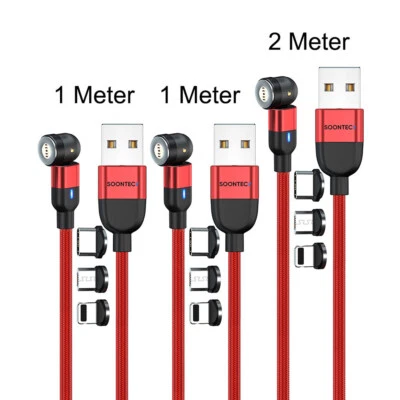 3er Set 2+1+1 Meter Magnet Ladekabel Datenkabel drehbar Micro/USB C/... 3,0A rot - Bild 1 von 4