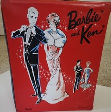 Vintage 1963 Red Barbie and Ken Double Sided Trunk incl 3 Barbies and Clothes