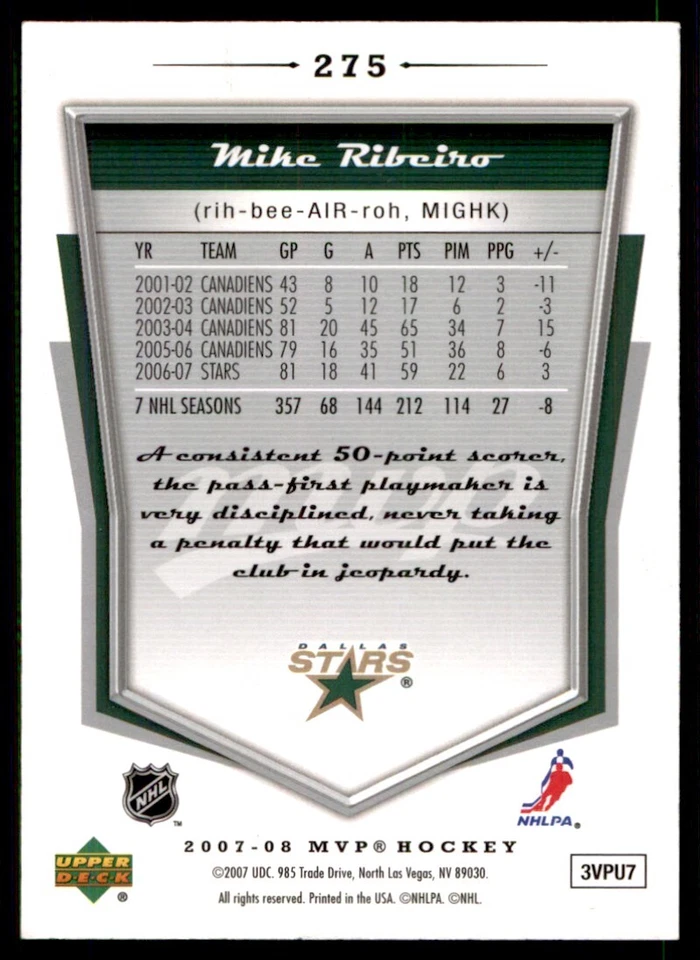 2007-08 Upper Deck MVP Mike Ribeiro Dallas Stars #275 - Image 2 of 2