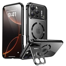 For iPhone 16 Pro Max 15 14 13 Magnetic Metal Bumper Stand Case Mag Safe Cover