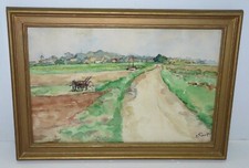 -ANCIENNE AQUARELLE SIGNEE RAUFLET CHARRUE DANS UN CHAMP CAMPAGNE