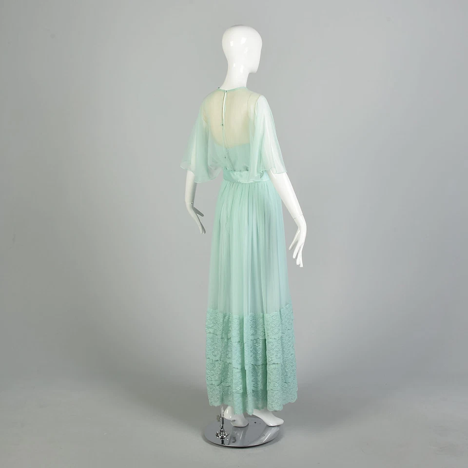 Maxi Vestido de Noche Pequeño Años 70 Encaje Victor Costa Pastel Azul Aqua Gasa Foto 4 de 4