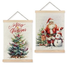 Merry Christmas Wall Art with Wood Poster Hanger Set of 2, Christmas Tree Wal...