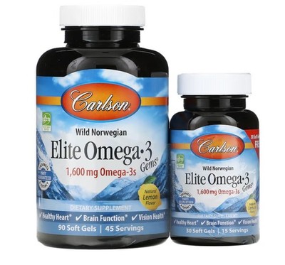 Carlson Labs Elite Omega 3 1600mg 90 + 30 Kapseln mit Zitronengeschmack