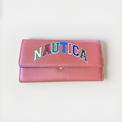 Nautica Orange Rainbow Faux Leather Snap Tri Fold Wallet RFID ID Safe NEW