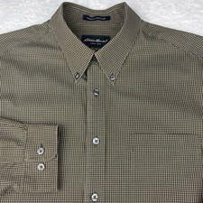 Eddie Bauer Shirt Mens Large Olive Checks Regular Fit Wrinkle Resistant