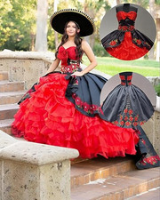 Applique Satin Quinceanera Dresses Ruffles Ball Gown Strapless Sweet 16 Dresses