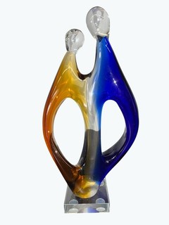 Abstract Glass Couple Figurine Sculpture In Blue & Amber Colors On Clear Base 12