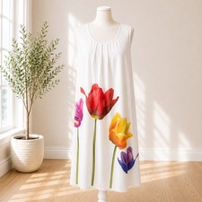 Italian Tulip Floral Dress UK 16 White Sleeveless Summer Swing