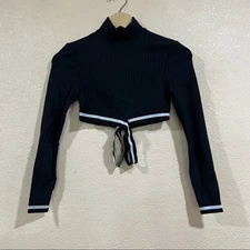 MICHI Black White Apex Ribbed cropped mock neck striped straps cutout Top MEDIUM