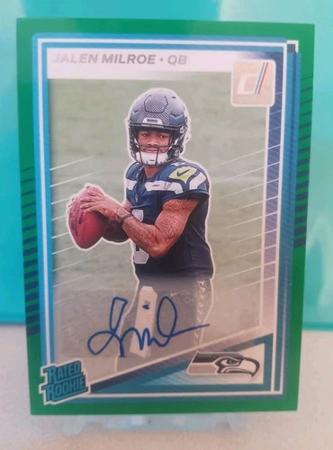2025 Donruss Jalen Milroe Rated Rookie Auto Green RC Seahawks