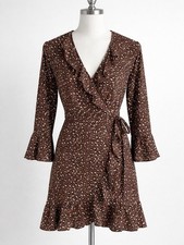 PrettyLittleThing Animal Print Wrap Dress Sz 10 Ruffle Hem Brown Party Mini