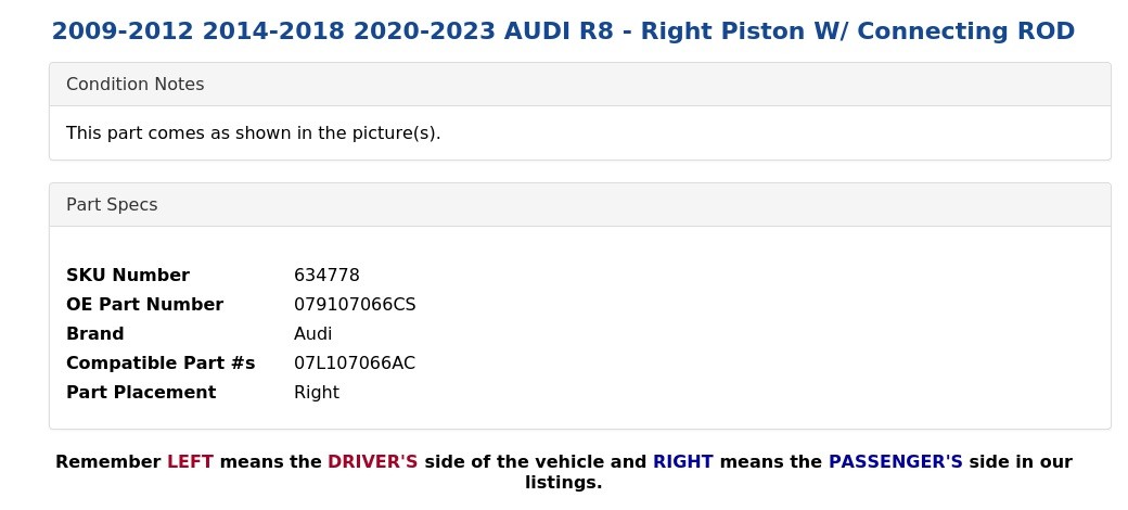 2009-2012 2014-2018 2020-2023 AUDI R8 - Right Piston W/ Connecting ROD