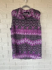 Attention Purple Black Boho Tribal Sleeveless Button Front Blouse 3X