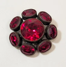 Vintage Schreiner Gunmetal Bezel Set Red Glass Rhinestone Twisted Shank Button