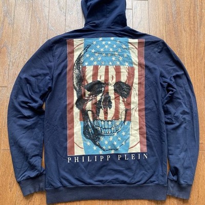 Philipp Plein Diamond Studded American Flag USA Skull Zip Up Hoodie Blue