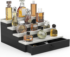 4 Tier Cologne Organizer for Men Wood Perfume Stand with Drawer Hidden Storage