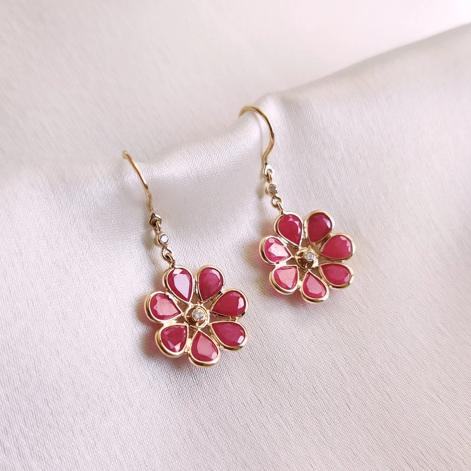 6.80 Ct Natural Ruby Flower Earrings 14K Solid Gold Dainty July Birthstone - Image 2 of 4
