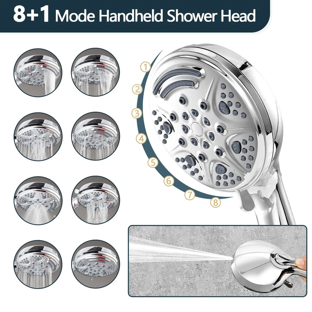 Handheld Shower Head Brushed Chrome Silver 8-in-1 USA Seller