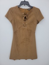 Express Dress Womens 2 Brown Faux Suede Short Sleeve Lace Up Neck Boho Southwest