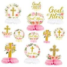12Pcs Floral God Bless Decorations First Communion Honeycomb Pink Gold