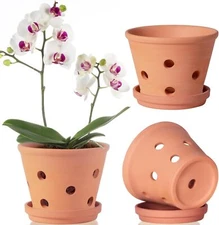 6 Inch Terracotta Orchid Pots with Holes and Saucers, 3 Pack Clay Orchid Planter