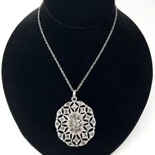 Silvertone Faux Marcasite Large Oval Pendant Necklace