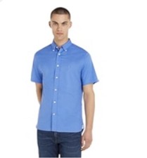 Tommy Hilfiger Men Poplin Flex Classic Short Sleeve Blue Button Down Shirt L NWT