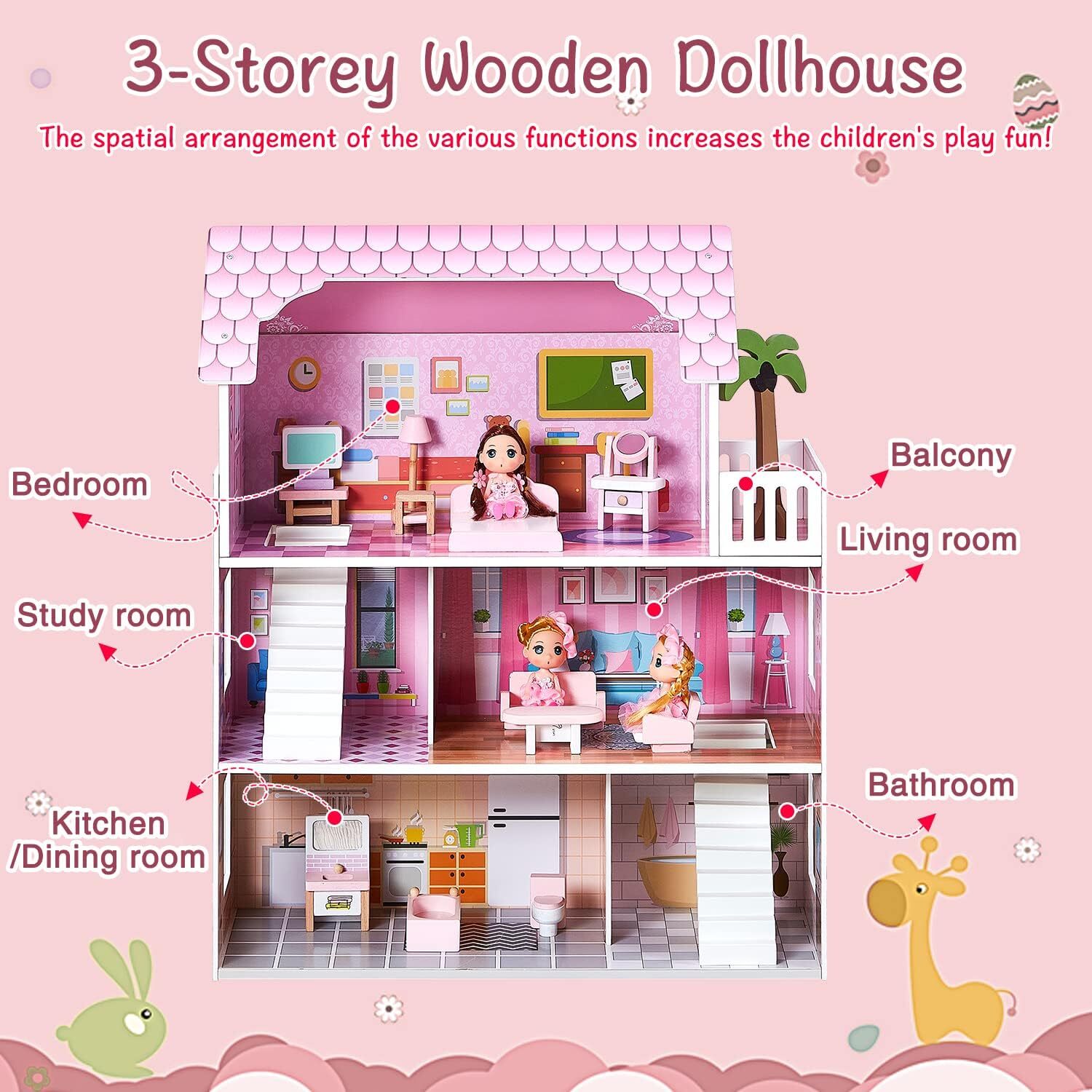 VUCIBOL Kids Wooden Dollhouse 3-Tier Toddler Doll House Furnitures Role Play Toy