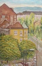 Vintage impressionist oil painting cityscape